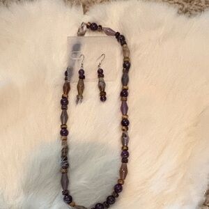 Chic Beaded semi my precious stone Necklace and Earring Set in Purple and Brown